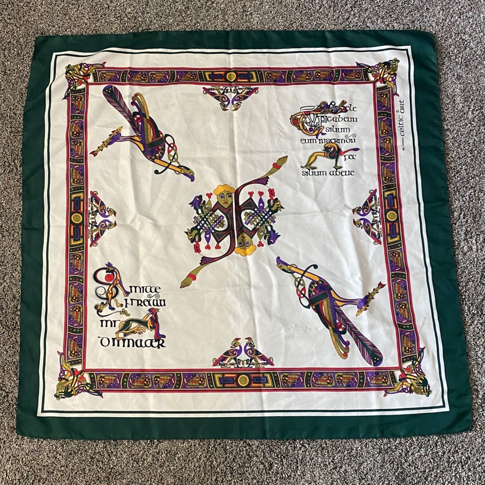 Vtg Celtic Art 9th Century Print Scarf Green Multi Square Polyester 30x30 FLAW